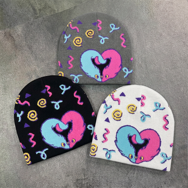 Custom Graphic Design Jacquard Knitted Streetwear Skull Caps Winter Beanie Hat Y2k No Cuff Reversible Beanie