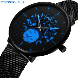 Jam Tangan Analog Pria, Arloji Quartz Hitam Stainless Steel Minimalis Tahan Air CRRJU 2150 untuk Lelaki