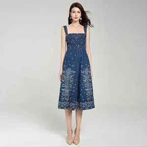 Wholesale Customized Shoulderless Floral Embroidered High Quality Women Denim Dress Wearing in Summer