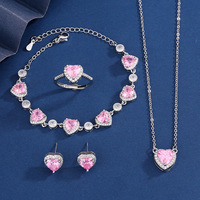 Conjunto de Joyería de Moda Clásica de Latón Plateado con Corazón de Circonio para San Valentín, Aretes, Anillo y Collar Ajustables de Cobre para Mujer