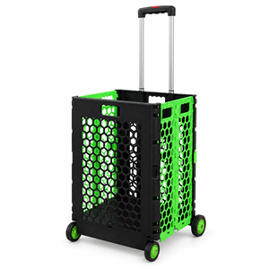 Chariot de courses pliable en plastique avec poignée télescopique, chariot à quatre roues, chariot utilitaire, 55L, un seul niveau, noir, vert - Product Image 1