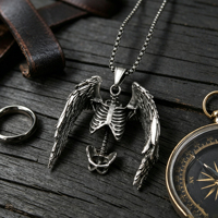 Collier pendentif ailes de squelette en acier inoxydable, argent antique, style gothique punk, bijoux pour homme, ange sombre, côte thoracique