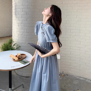 Blue Traditional Chinese Dress Women Puff Sleeves Chinese Knot Buttons Solid Color Polyester Long Skirt Elegant Style - Product Image 1