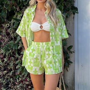 Conjunto de Camisa Casual de Lino con Botones y Estampado Playero para Mujer, Fabricante Personalizado, OEM, Conjunto de Pantalones Cortos de Lino - Product Image 1