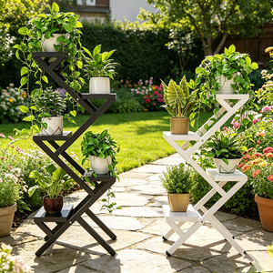 Support à plantes multi-niveaux blanc/noir en métal et bois, simple, moderne, écologique, léger, durable, pour intérieur et extérieur, maison et jardin - Product Image 2