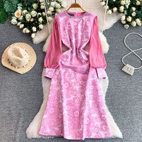 Robe décontractée élégante pour femme WIWT, imprimé floral rose, coupe trapèze, manches longues bouffantes, col orné de strass, longueur midi, pour tous les jours et les soirées