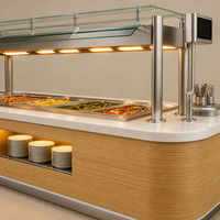 Table de buffet commerciale en bois avec protection anti-éclaboussures en verre, bain-marie chauffant à quatre bacs pour restaurant