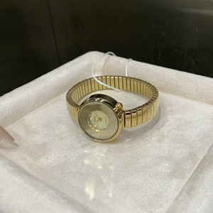 Reloj de pulsera de cuarzo elegante para mujer, con esfera redonda dorada, brazalete acanalado y marcadores de cristal - Product Image 3