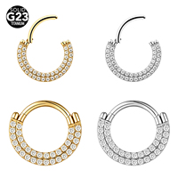Cincin Hidung Titanium G23 Bulat Berhiaskan Zirkon dengan Engsel Bertabur Zirkon, Cincin Hidung Model Prong Setting Trendi