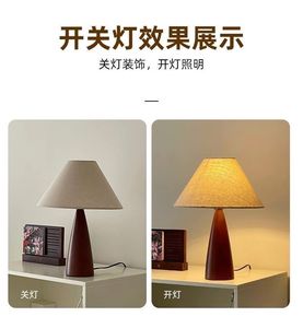 Solid Wood Conical Base <b>Bedside</b> Lamp with Linen Tapered Shade, Vintage Retro Accent Lamp for Bedroom Living Room Office Desk - Product Image 6
