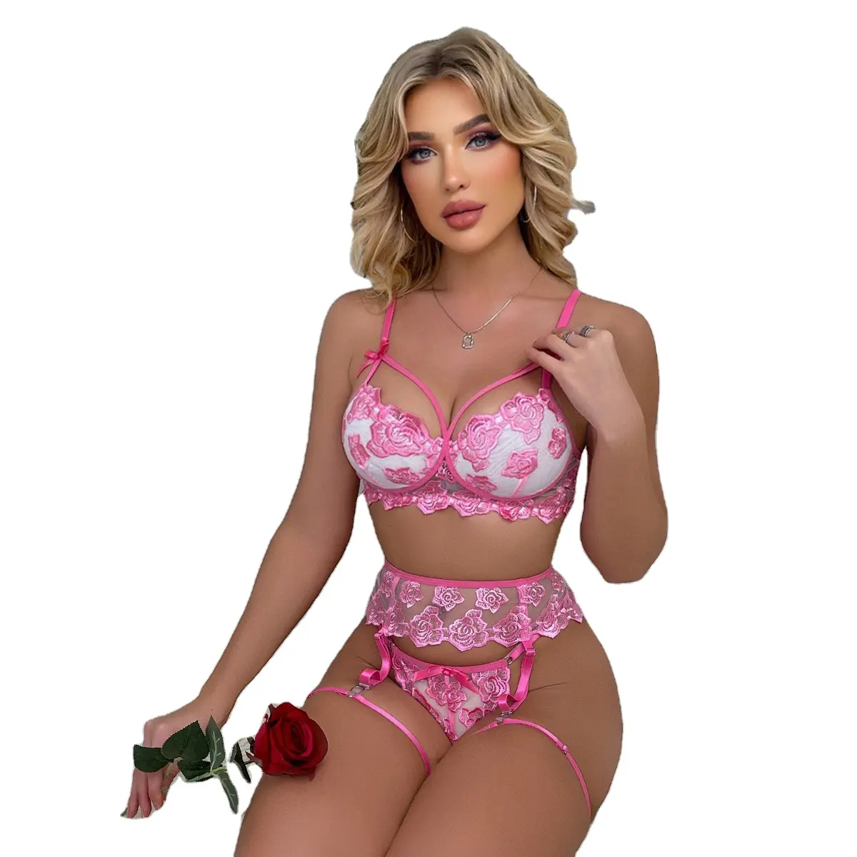 new arrival sexy luxurious floral embroidered pink mesh women night wear set with bows for Valentines day