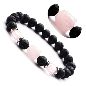 Cabeza de Buda a la moda, piedra preciosa de cuarzo <span class=keywords><strong>rosa</strong></span>, 8MM, cuentas de piedra de <span class=keywords><strong>Lava</strong></span>, pulsera elástica, pulsera Unisex, regalo de joyería de cristal curativo - Product Image 1