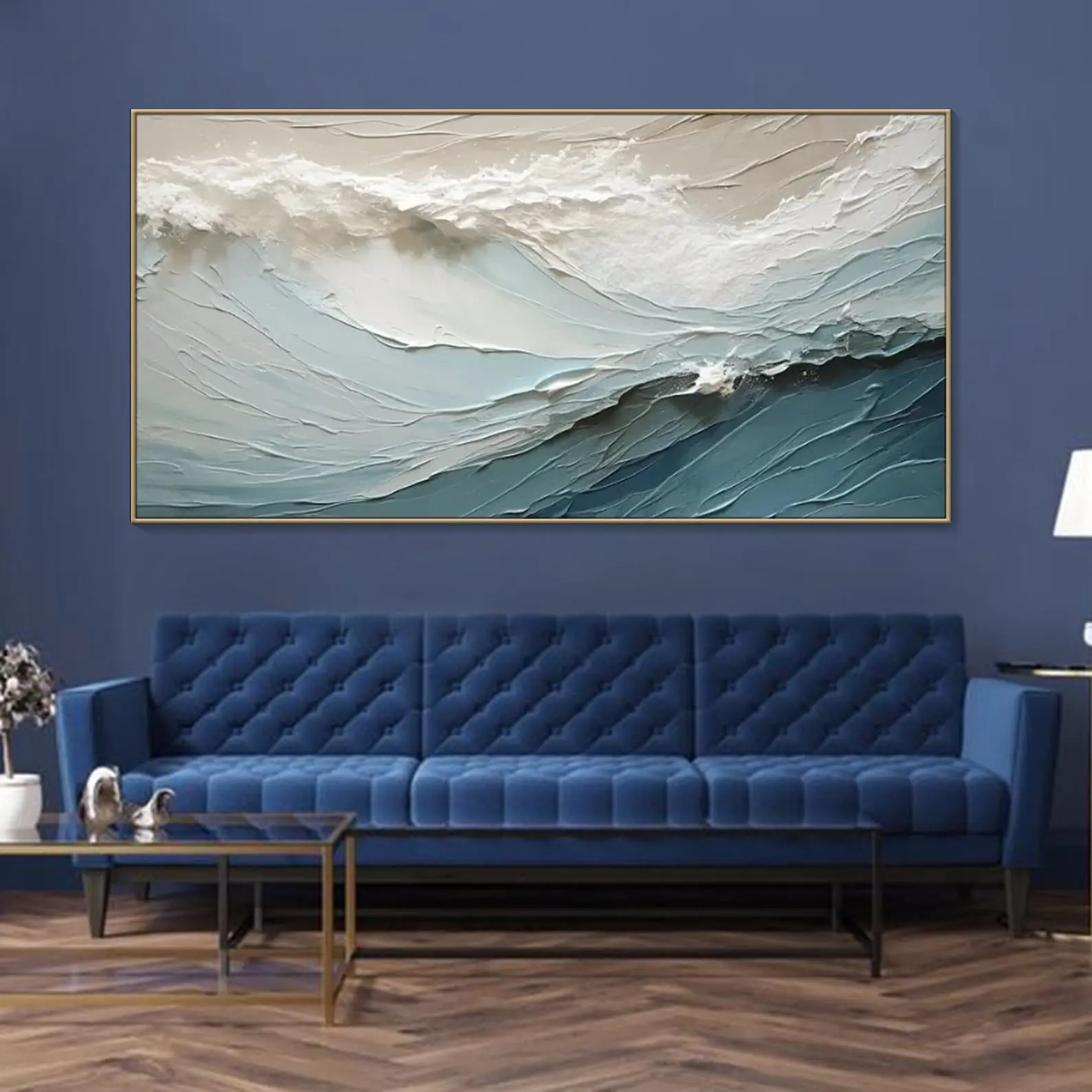 لوحة فنية تجريدية ثلاثية الأبعاد بألوان تقليدية من القماش بألوان زيتية تجريدية لتزيين غرفة النوم مرسوم عليها موجات موجات المحيط الأزرق مرسوم عليها أحجار رملية
