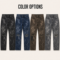 Jeans personnalisés déchirés avec imprimé graphique éclair, patchwork et effet usé pour un style urbain et un usage quotidien