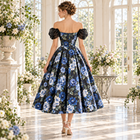 Robe midi personnalisée pour femme en satin à imprimé floral, avec corset, épaules dénudées, manches bouffantes et jupe ample, idéale pour les occasions