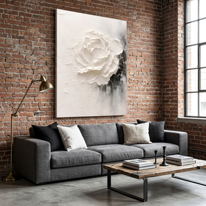 Peinture à l'huile moderne de rose blanche texturée en 3D sur toile |   Art mural abstrait peint à la main de luxe pour la décoration d'hôtels et de maisons, taille personnalisée - Product Image 5