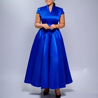 Robe de soirée formelle sur mesure OEM ODM pour femme, grande taille, en satin, col en V, col montant, manches courtes, coupe évasée et volumineuse