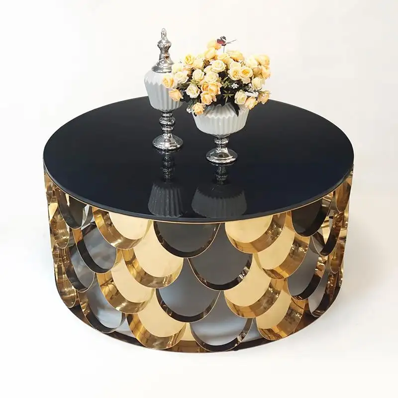 モダンな新しいデザインのコーヒーテーブル安い家庭用リビングルーム家具ゴールドメタルフレーム黒強化ガラスラウンドコーヒーテーブルセット