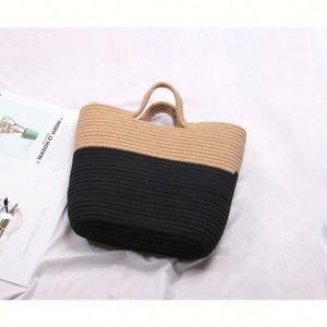 Sac de plage pour les vacances en bord de mer, sac fourre-tout en jute bicolore pour femmes, sac seau tendance à rayures, design ouvert - Product Image 2
