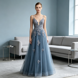 Vestido de Noche de Lujo con Tirantes Finos de Tul, Apliques Florales 3D de Encaje, Escote en V Profundo, Abertura Alta, Vestido Formal para Invitadas de <span class=keywords><strong>Boda</strong></span> y Damas de Honor - Product Image 5
