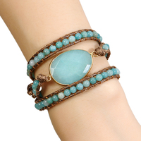 Gelang Manik-Manik Buatan Tangan Wanita, Perhiasan Batu Alam 3 Untai Amazonite Pink Quartz, Gelang Kulit Lilit