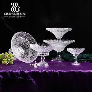 In stock Bohemia style sunflower embossed glassware series small medium large sizes glass fruits bowl plate set with glued stand