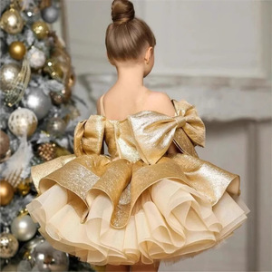 Nouvelle Robe de Princesse Élégante en Satin Doré pour Bébé Fille, Idéale pour le Premier Anniversaire et les Fêtes, en Polyester, pour l'Exportation - Product Image 4