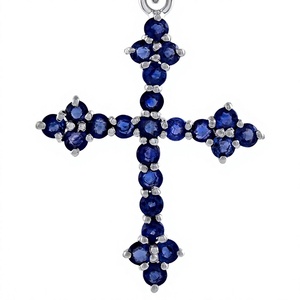 Blue Sapphire Round Cut <b>Cross</b> <b>Pendant</b> in 925 <b>Sterling</b> <b>Silver</b> Rhodium Plated Claw Set Classic Religious Charm Unisex Jewelry - Product Image 1
