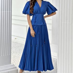 Vestidos Casuales Elegantes Azules con Cuello en V y Cordones en la Cintura Alta, Vestido Sexy con Mangas Abullonadas para Mujer - Product Image 2