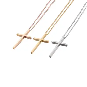 Personalized Blank Elegant Stainless Steel 18K Rose Gold Tiny Orthodox Catholic Cross Fish Pendant Necklace For Women