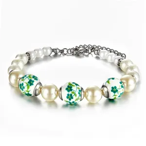 Fashion-Designed Unisex Hand Bracelets Clastic Multi Beads Green Ceramic Stainless Steel Tail Chain Women's Cute Weddings