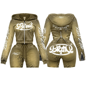 Conjunto de Sudadera Corta y Pantalones Cortos Verdes para Mujer, Transpirable, de Forro Polar Ecológico, con Cremallera de Manga Larga, Estampado de Encaje, 2 Piezas, Poliéster y Algodón - Product Image 3