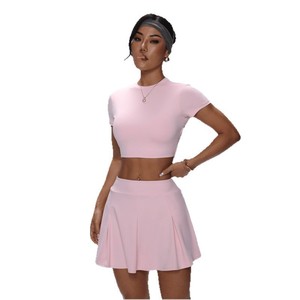 Ensemble de jupe de <span class=keywords><strong>tennis</strong></span> 2 pièces pour femmes, haut court à manches courtes rose, jupe mini plissée taille haute, <span class=keywords><strong>tenue</strong></span> de sport pour le golf et le yoga - Product Image 6