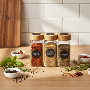 Bouteilles à épices en verre avec couvercles en bambou et couvercles doseurs, bocaux carrés hermétiques pour assaisonnements - Product Image 3