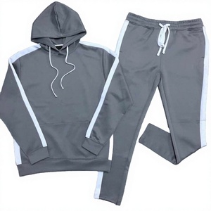 Unisex Gray Polyester/Cotton Loose-Fit Tracksuit Set Hooded Sweatshirt <b>Joggers</b> <b>White</b> Side Stripes Casual Sportswear for Adults - Product Image 1