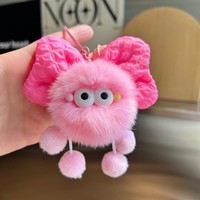 Porte-clés en fausse fourrure de lapin Rex avec nœud, pendentif de sac boule de charbon Kawaii, mignon pour sac à dos ou voiture