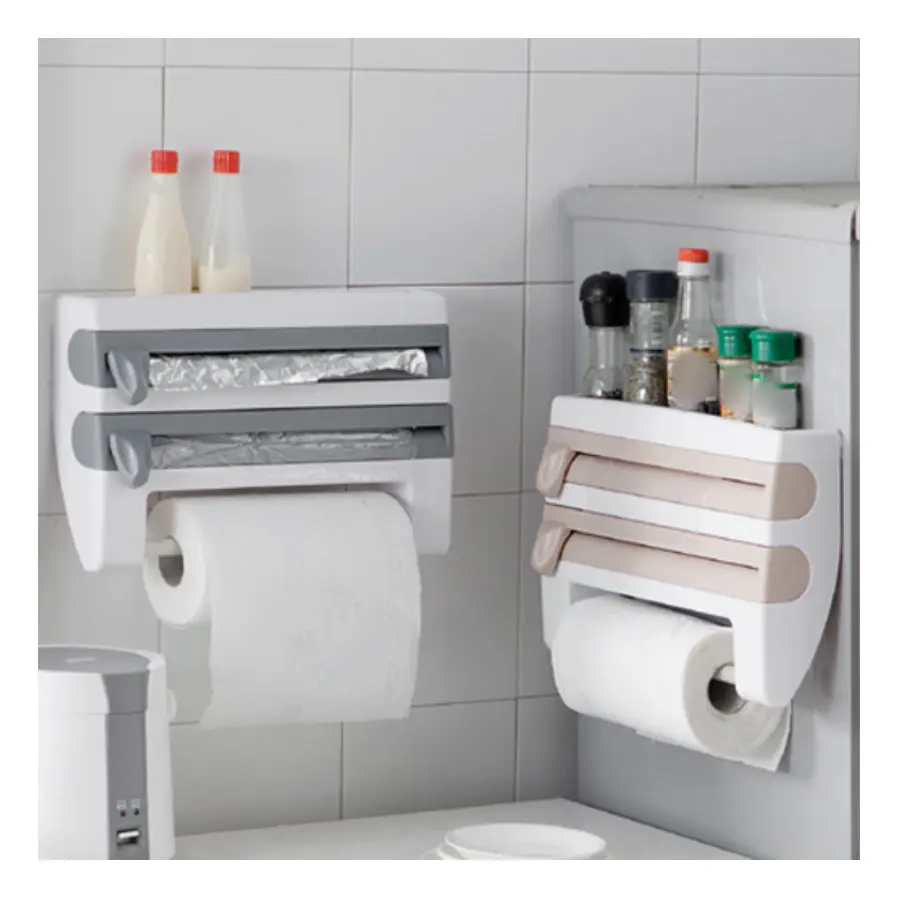 Suporte de papel de cozinha multifuncional 3 em 1 para toalha, prateleira, rack de armazenamento de especiarias, cortador de filme plástico, envoltório e corte