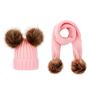 Conjunto de Gorro y Bufanda Tejidos para Niños y Niñas, Gorro de Punto con Pompón de Piel para Niños, Gorro de Esquí - Product Image 2