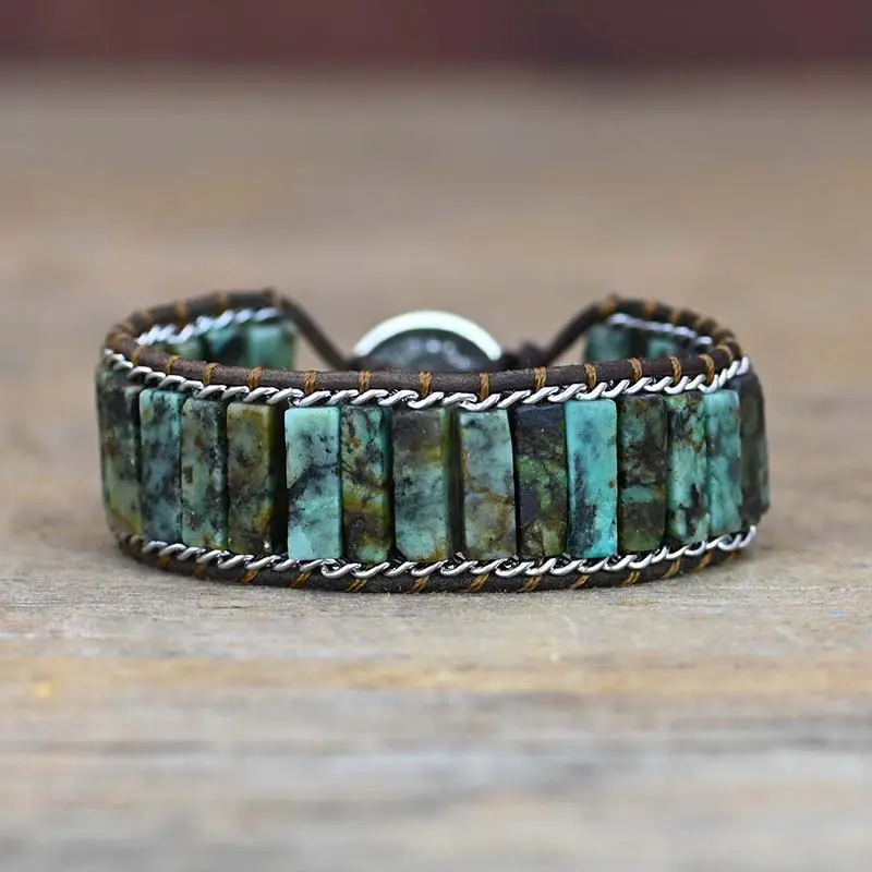 Dải hình dạng Châu Phi Turquoise bện Vòng đeo tay chuỗi Thép không gỉ Vòng đeo tay đá tự nhiên Boho da Vòng đeo tay Hot Bán