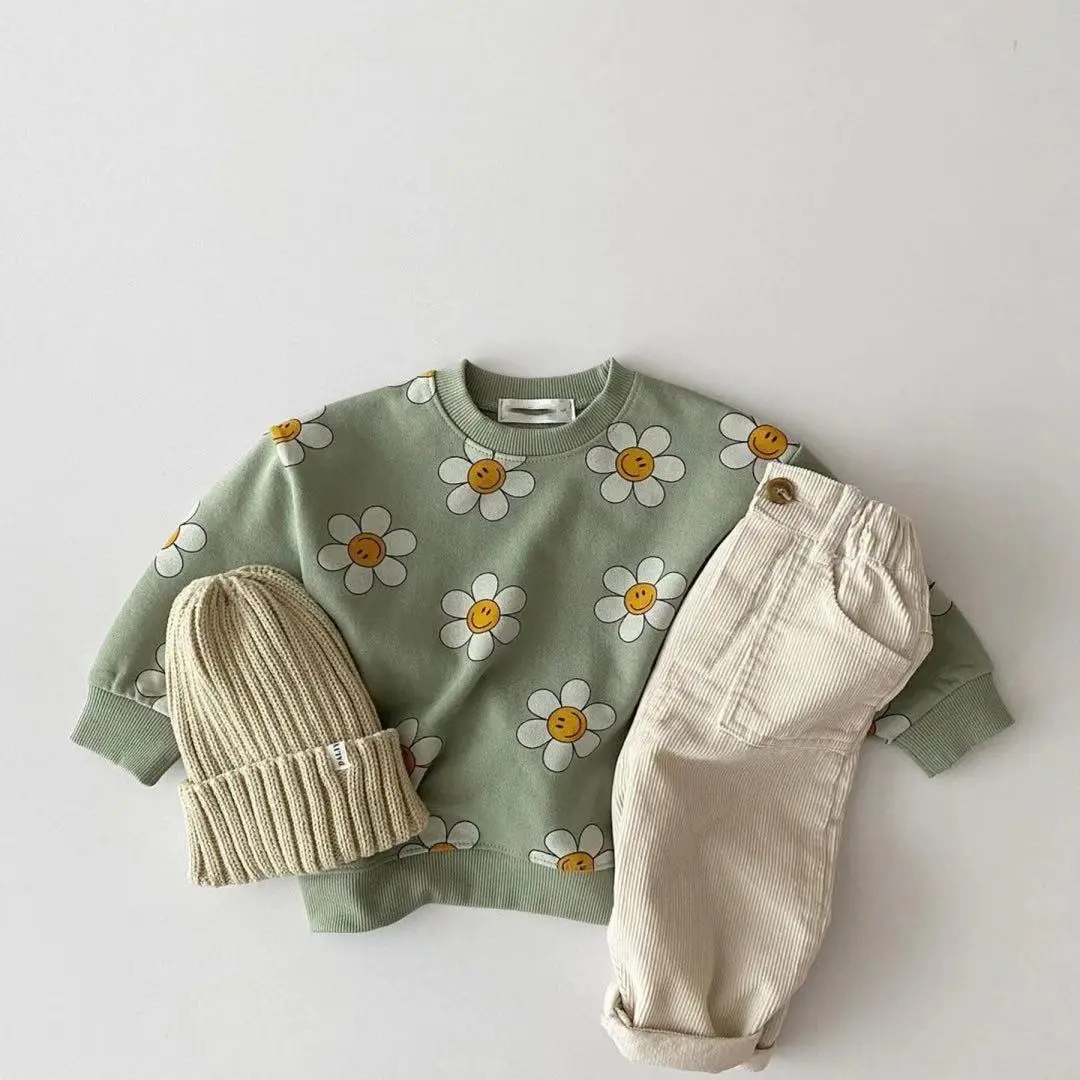 G1011087 아동 의류 도매 아동 의류 멋진 스웨터 소년 소녀 인쇄 데이지 스마일 아기 운동복 후드