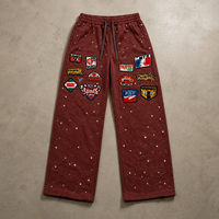 Pantalon de jogging pour homme en coton épais, style streetwear hip-hop, avec patch brodé de strass et effet délavé à l'acide