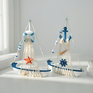 โมเดลเรือใบเมดิเตอร์เรเนียน ของตกแต่งสีน้ำเงินขาว ดีไซน์เชือกไม้ ของตกแต่งห้องนั่งเล่น แพ็คเกจหลายชิ้น - Product Image 3