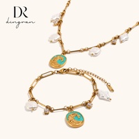 Bracelet et collier en acier inoxydable plaqué or 18 carats, motif vague goutte d'huile, imitation perle, style Europe et Amérique