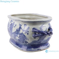 RZSC21-E-B-C Pot Bunga Oval Porselen Biru Putih Antik dengan Gagang, Model Keramik Tradisional untuk Mandi Kaki