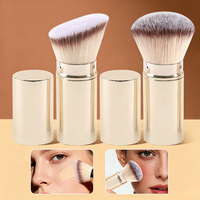 Kuas Rias Wajah Bulu Sintetis Rose Gold, Kuas Foundation, Kuas Kipas Pipih, Gagang Logam untuk Perona Pipi