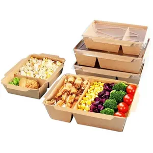 Food Grade 2 Compartment Disposable Eco Friendly Brown Kraft Paper Meal Box Takeaway Food Container With Lid