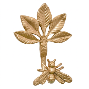 Artisanal Golden Leaf And Bee Design Metal Wall <b>Hook</b> Vintage Style Single <b>Hook</b> Plant Pattern Decorative Hardware Hanger - Product Image 1