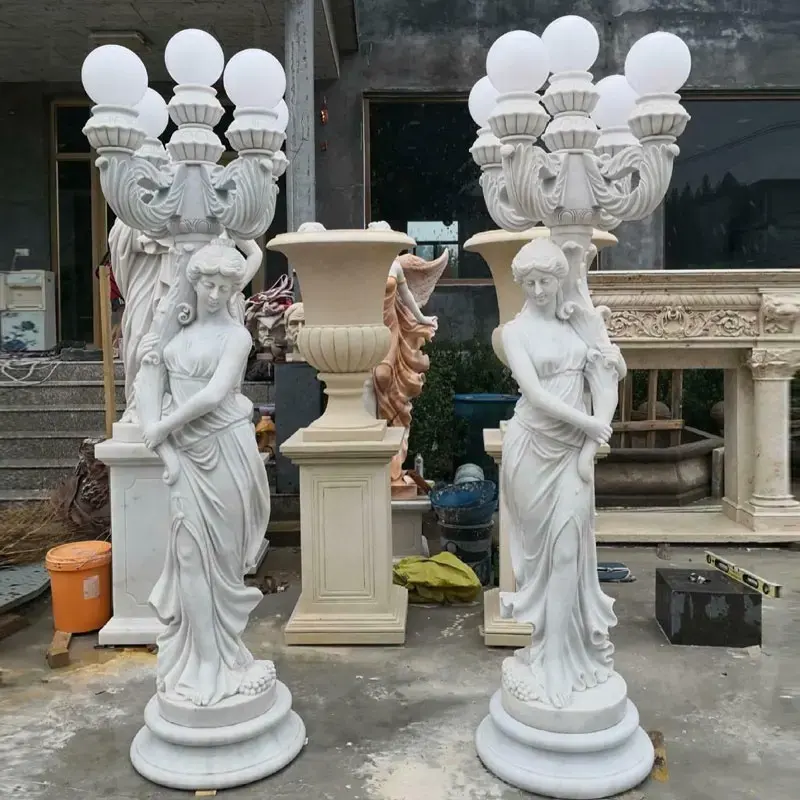 Украшение парка в натуральную величину Белая Мраморная женская лампа статуя скульптура каменная резьба статуя скульптура лампа для продажи