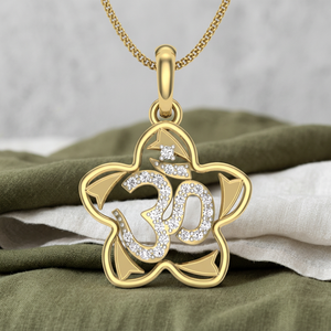 Pendentif Om de luxe en diamant de laboratoire argenté, plaqué or, motif floral, symbole religieux hindou sacré, bijoux raffinés - Product Image 1