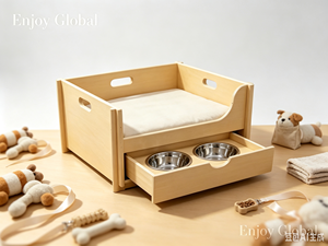 Lit pour <span class=keywords><strong>chien</strong></span> en bois massif avec tiroir coulissant, bols en acier inoxydable, coussin moelleux, maisonnette en bois pour animaux de compagnie d'intérieur pour chiens de petite et moyenne taille - Product Image 4
